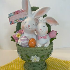 Easter Bunny Couple in a Basket of Flowers Spring Colors Green Pink Yellow NEW
